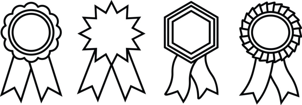 Award ribbon rosette badges and quality assurance line icons set with achievement prize victory vector design