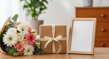 Obraz premium Elegant Flower Bouquet, Wrapped Gift Box, and Blank Wooden Photo Frame Mockup
