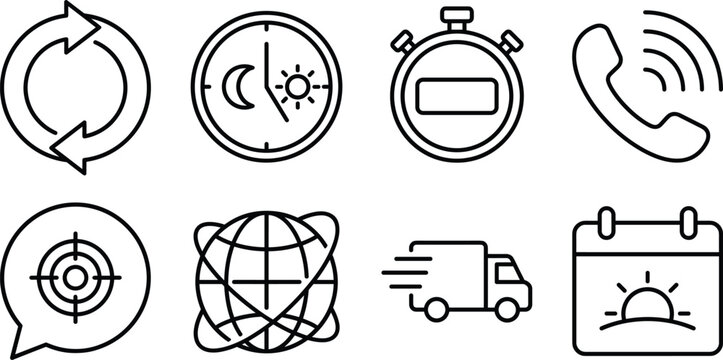Customer support 24 hours logistics service line icons set with global delivery clock truck and calendar vector