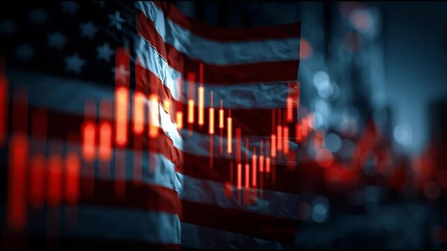 American flag with digital stock market graph overlay symbolizing economic volatility finance and national market trends