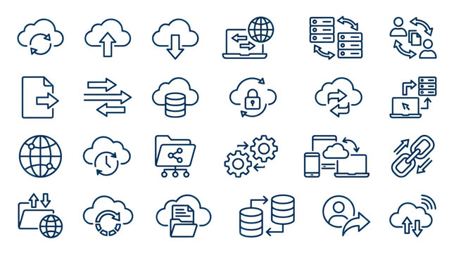 Cloud Computing Icons: Data Transfer, Storage, Security, Networking, Synching