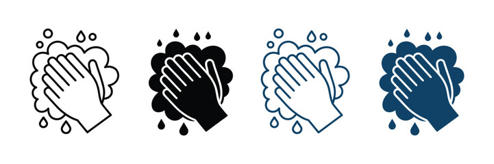 Obraz premium Hand washing icons showing soap and water hygiene steps for cleanliness and health safety.