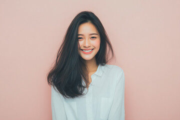 Obraz premium Elegant woman smiling face with soft pastel background