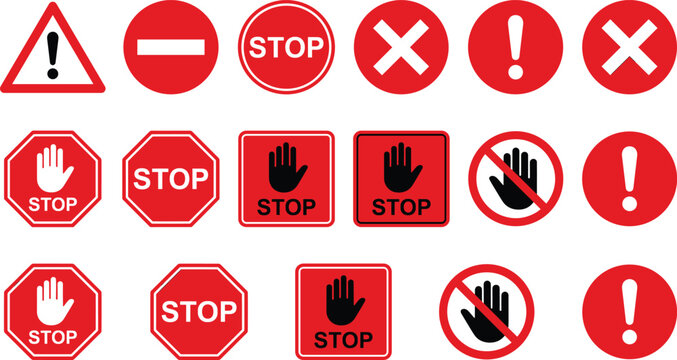 Red stop sign collection with road traffic warning symbols error alerts and forbidden entry hand vectors