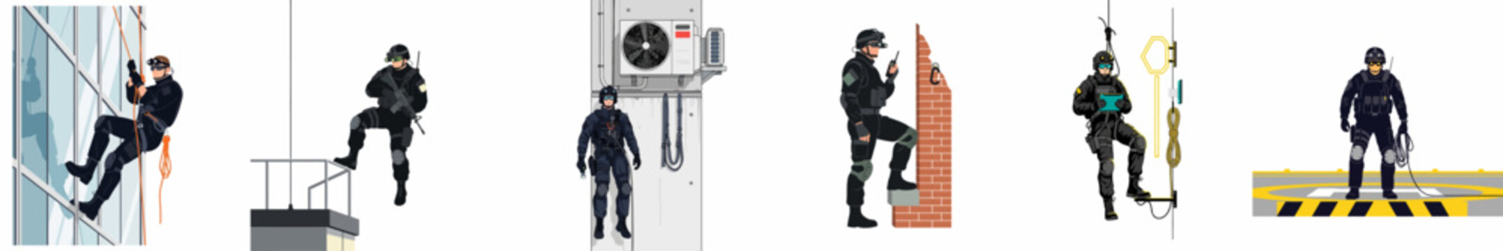 Set of flat vector illustrations featuring tactical special forces operators rappelling and conducting urban operations on building exteriors and rooftops.