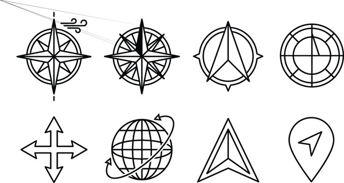 Navigation compass rose and travel location line icons set with wind rose globe and arrow vector