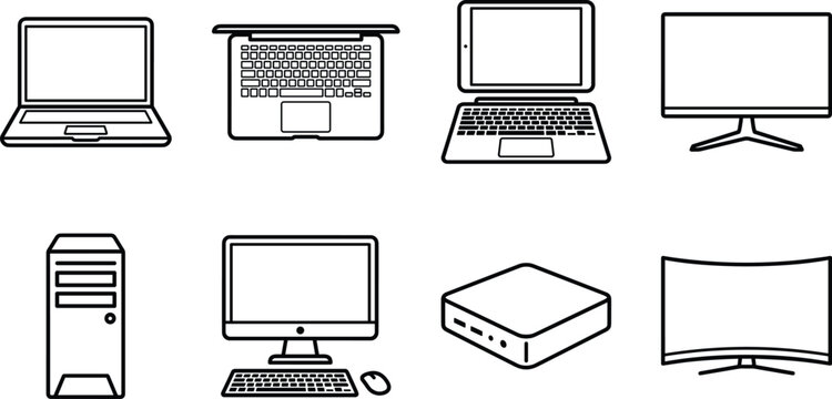 Computer hardware electronics and workspace desktop line icons set with laptop monitor cpu and mouse vector