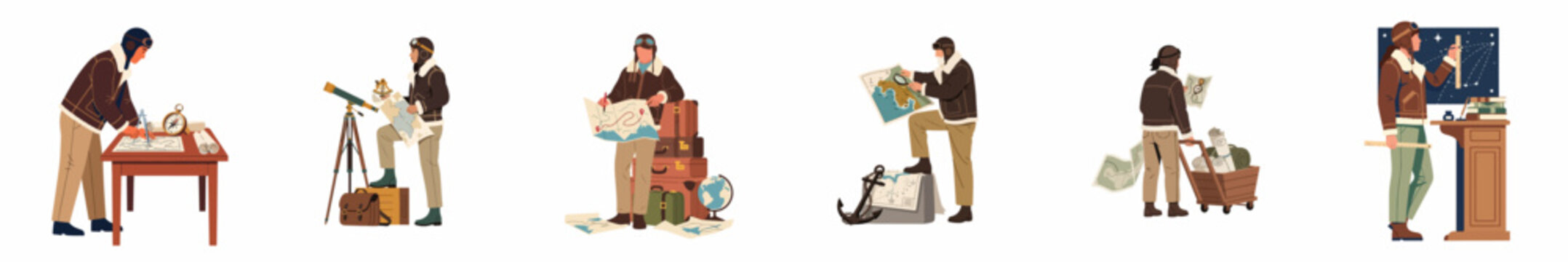 Set of illustrations depicting a vintage aviator or explorer navigating with maps, telescope, and star charts for travel and discovery adventures.