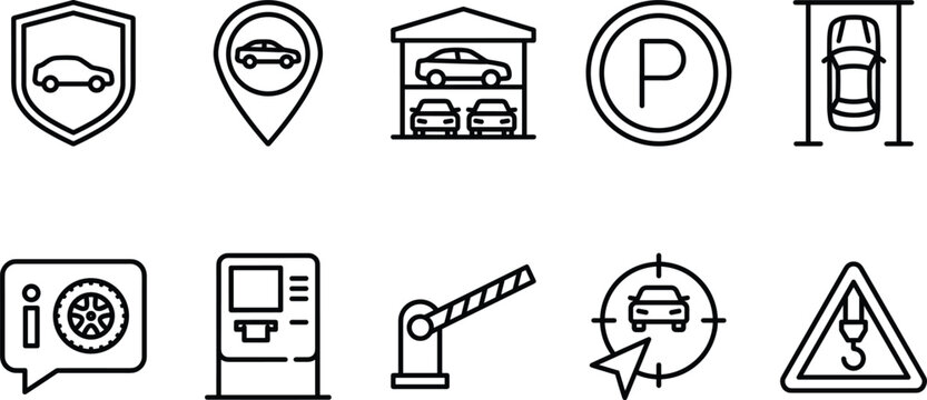 Car parking garage and auto insurance line icons set with navigation pin barrier and towing sign vector
