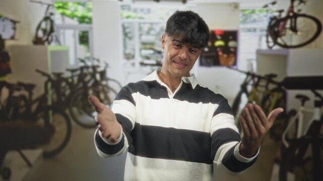 Man young hispanic wearing striped sweater offers open palms toward rows of bicycles in a bike shop building; welcoming invitation.
