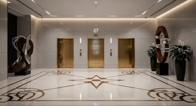Modern luxury hotel lobby with gold elevators marble flooring