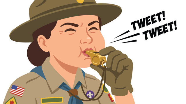 Scout leader blowing a whistle and shouting 'Tweet! Tweet!' with a determined expression.