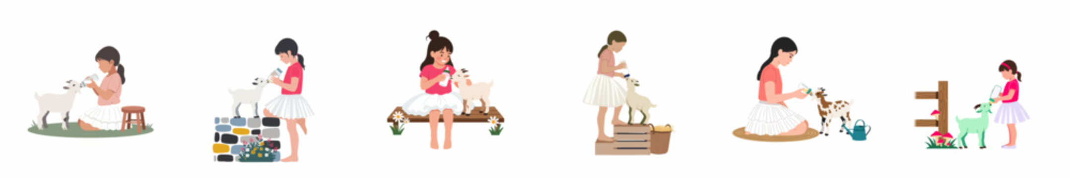 Set of illustrations featuring young girls bottle-feeding baby goats in a rural farm setting, capturing moments of care and interaction with animals.