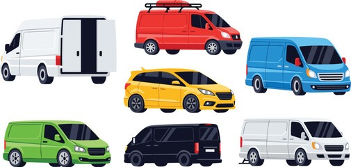 Naklejka premium Commercial Delivery Van and Cargo Vehicle Vector Icon Set with Colorful Logistics Minivans for Transport, Freight, and Shipping Service Designs