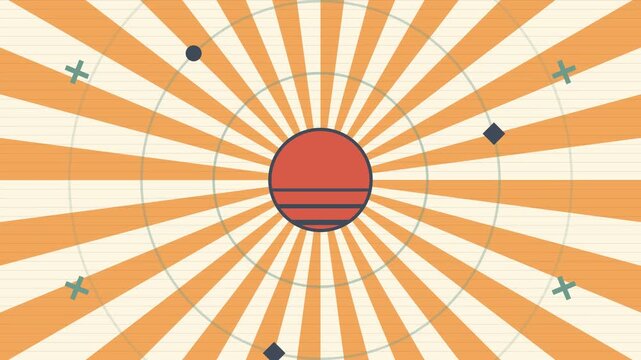 The sun rises over a vibrant orange and white sunburst pattern with geometric shapes and lines on a creative design.