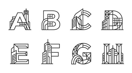Architectural Alphabet Letters A-H: Modern City Buildings, Geometric Design © Labib