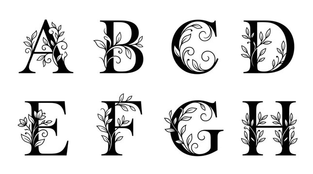 Elegant Floral Alphabet Letters A-H, Decorative Monogram Design Elements