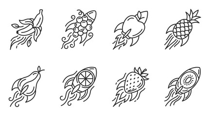 Fruit rockets flying, banana, apple, strawberry, pineapple, grapes, pear, kiwi © Labib