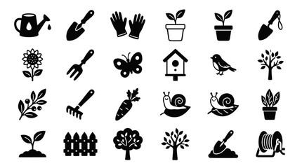 Gardening Icons Set: Tools, Plants, Animals, and Nature Elements © Labib