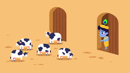 Fototapeta premium Cartoon illustration krishna with cows standing near the door a house
