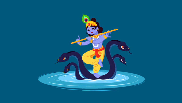 Lord krishna playing flute while standing on kaliya snake in the river