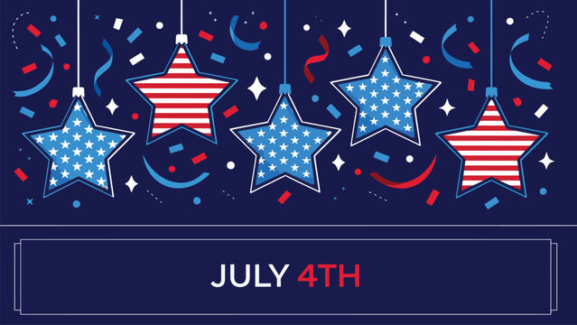 July 4th greeting card template with hanging American flag stars and confetti on dark background