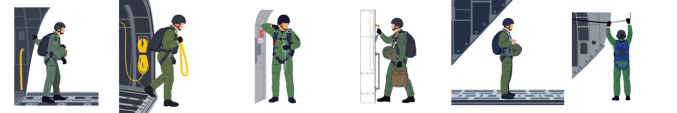 Military Paratroopers Training and Preparing for Jumps Inside a Transport Aircraft Illustration Set