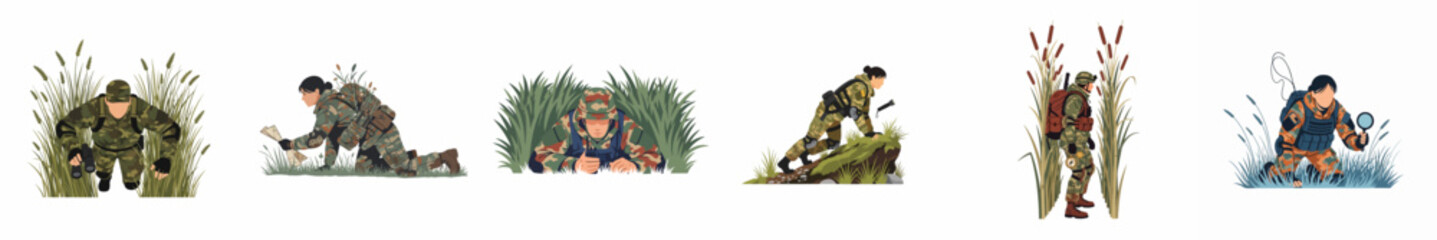 Set of military soldiers in camouflage uniforms performing various tactical reconnaissance and scouting operations in outdoor environments. © Mairiko