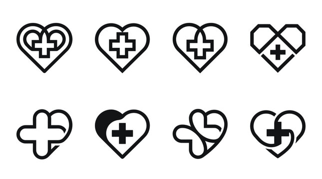 Heart Cross Medical Icons Set: Health, Care, Love, Life Symbols