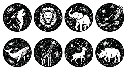 Cosmic Animals: Wildlife Silhouettes in Starry Galaxy Circles © Labib