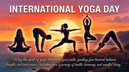 Obraz premium Beautiful illustration of people practicing yoga poses during sunset for international yoga day celebration