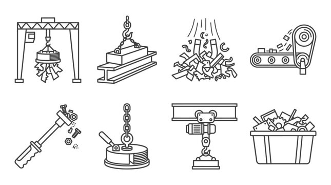 Industrial Magnetic Lifting & Sorting Equipment Icons Set