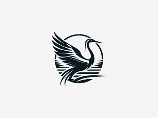 Obraz premium Epic Crane Sunrise Heron Bird black vector logo illustration on white background