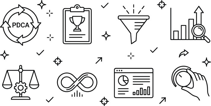 Business process optimization management icons set with pdca cycle sales funnel and analytics vector design