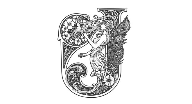 Elegant art nouveau initial letter j depicting a graceful woman