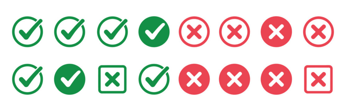 Check tick mark icon set illustrating approval, rejection, and checklist status indicators.
