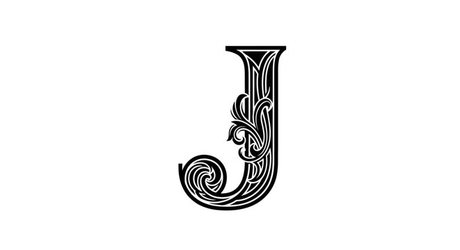 Elegant black and white initial letter j with detailed floral ornament