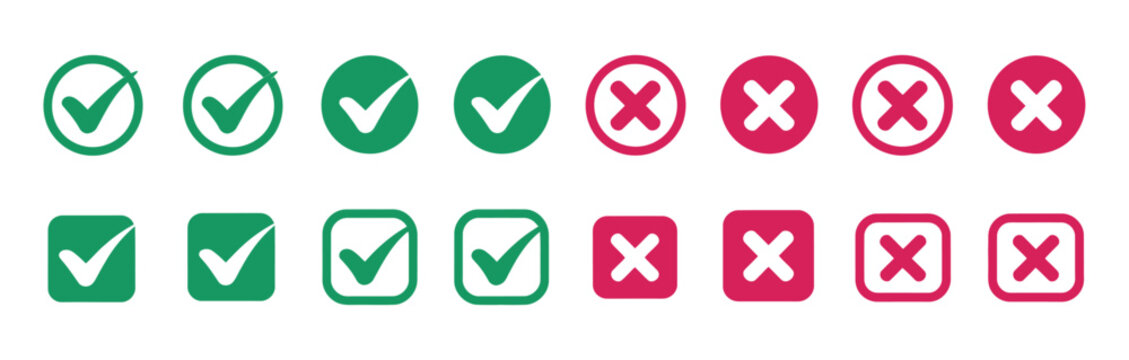 Check tick mark icon set featuring checkbox, cross, and approval symbols for task lists.