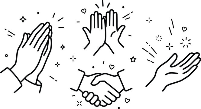 Teamwork success and appreciation hand icons set with applause high five handshake and gratitude vector design