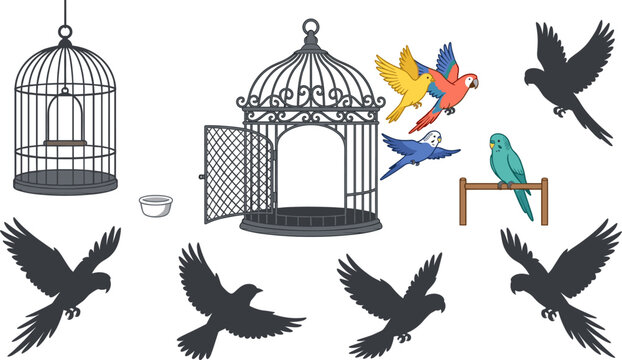 Bird Cage Parrot and Flying Bird Silhouette Vector Set with Colorful Parrots and Perch for Pet and Nature Design