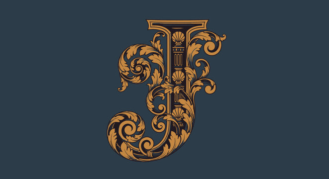 Elegant ornamental initial letter j in a classic style with floral elements