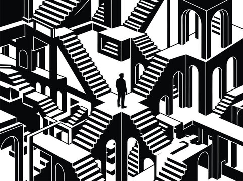 Interconnected staircases and silhouette of a person black and white illustration