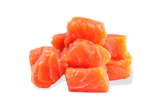 Salmon fillet cubes arranged invitingly. Fresh cooking and nutritious meal concept, PNG