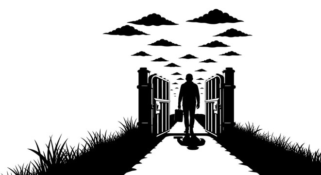A man walks through an open gate into a field under a cloudy sky with mountains.