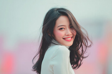 Fototapeta premium Elegant woman smiling face with soft pastel background