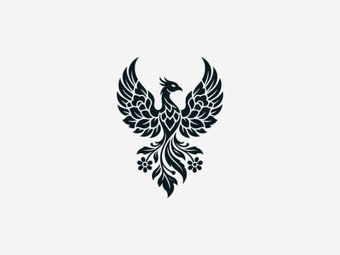 Floral Phoenix black vector logo illustration on white background