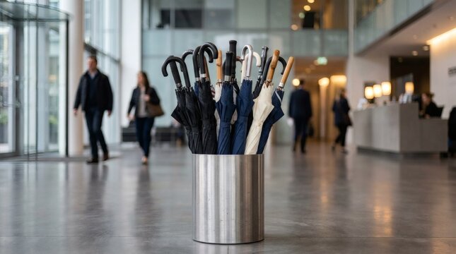 Modern Office Building Lobby with Umbrella Stand and Blurred Business People