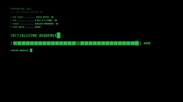 Retro 8-Bit Green Phosphor Terminal Initializing Sequence Loading Bar