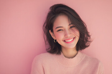 Fototapeta premium Elegant woman smiling face with soft pastel background