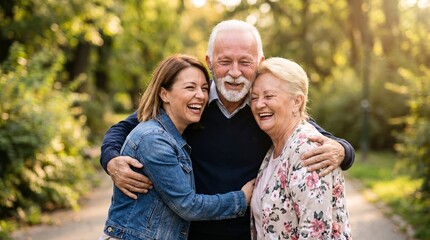 Fototapeta premium Happy adult daughter hugging senior parents outdoors